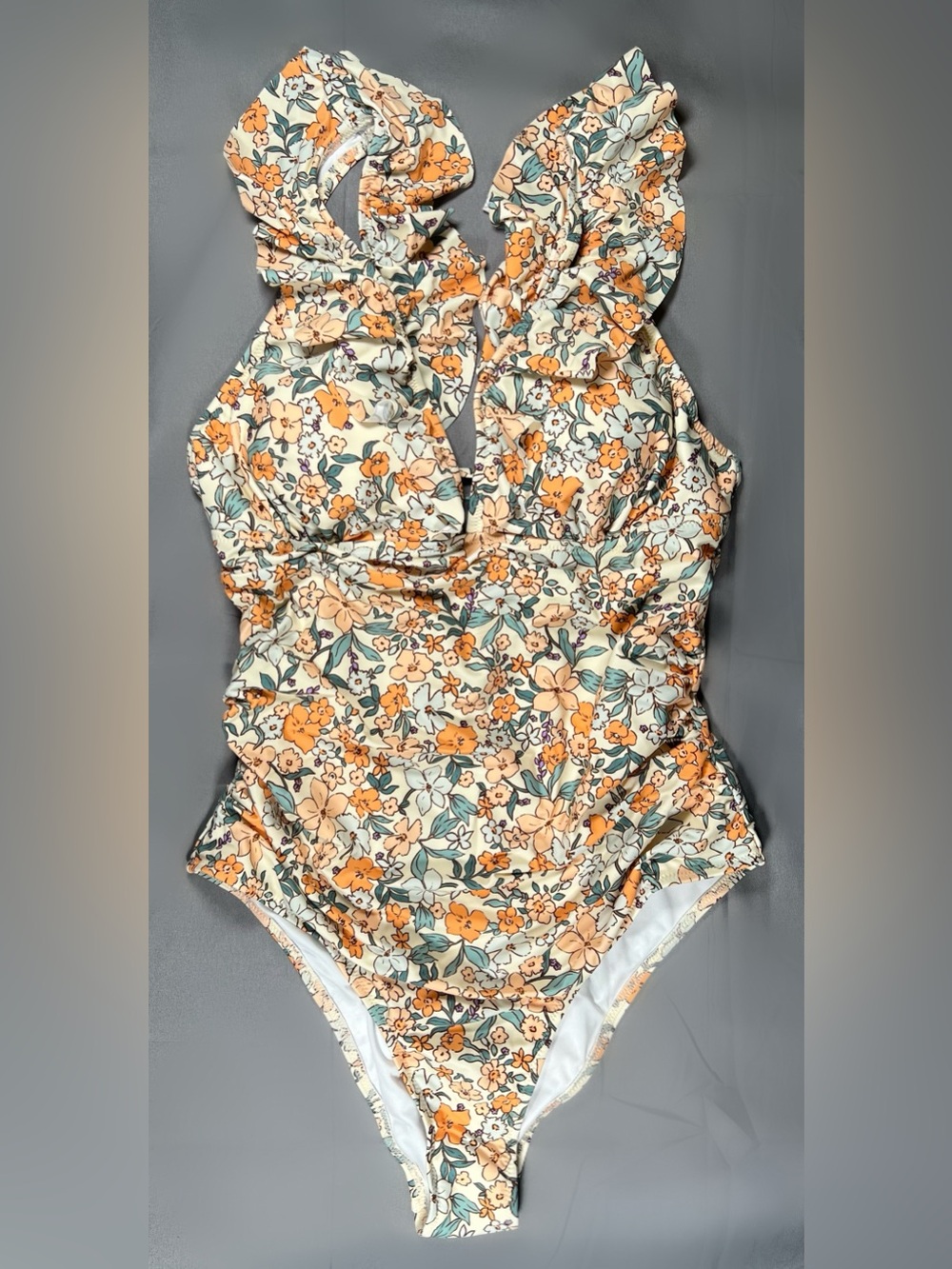 Floral Ruffle V-Neck One Piece Swimsuit - Cream/Orange
